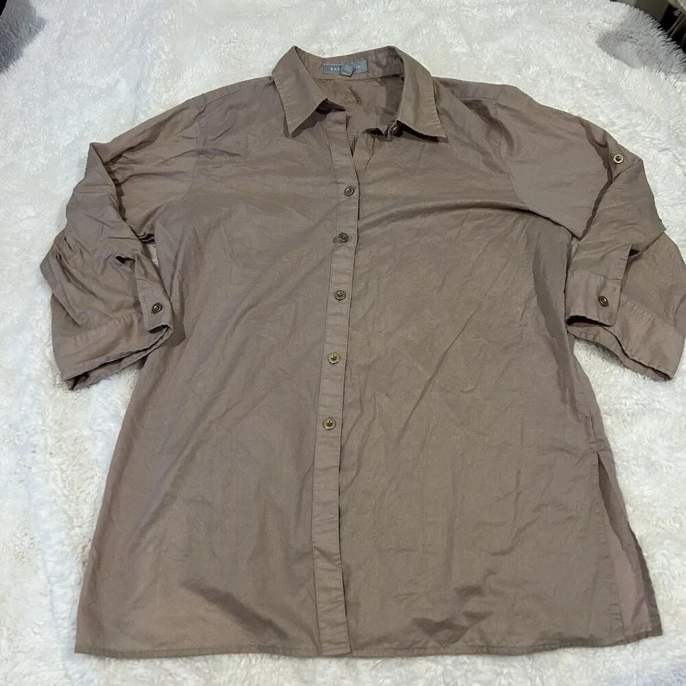 Foxcroft Womens Shaped Fit Minimalist Button Up Top Size 12 Beige 100% Linen